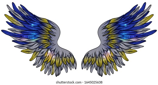 Beautiful magic shiny glitery grey wings with blue and golden feathers, hand drawn vector