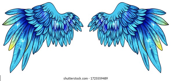 Beautiful magic shiny glittery blue wings with touch of yellow color, vector
