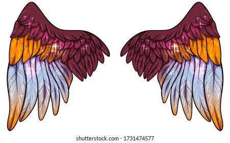 Beautiful magic shiny glittery burgundy blue yellow vector wings