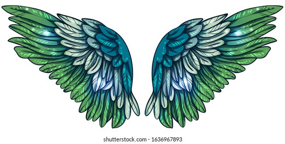 Beautiful magic shiny glittery green blue wings, hand drawn vector