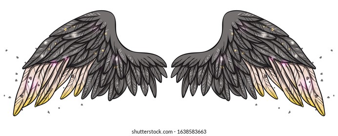 Beautiful magic shiny glittery grey wings with touch of pink and yellow colors, hand drawn vector