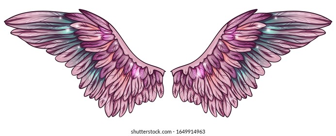 Beautiful magic shiny glittery pink wings with touch of blue color gradient, hand drawn vector