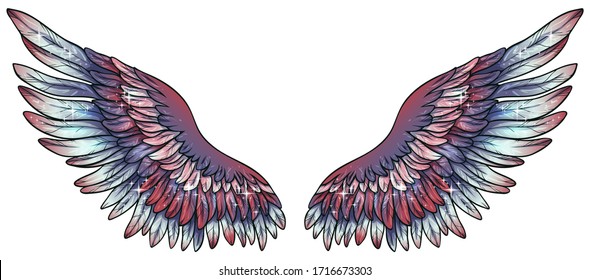 Beautiful magic shiny glittery purple blue pink vector wings