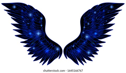 Beautiful magic shiny glittery starry black blue dark wings, vector