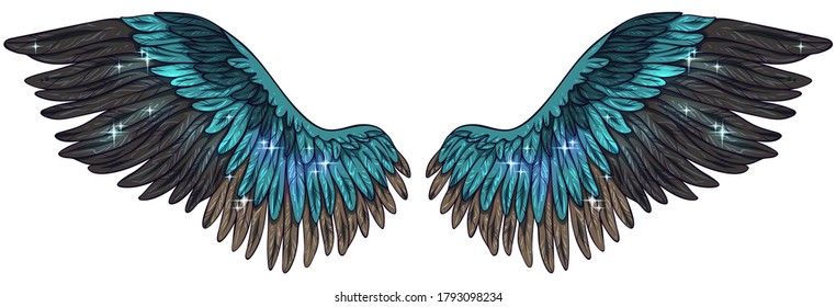 Beautiful magic shiny tuquoise brown magic angel wings, vector