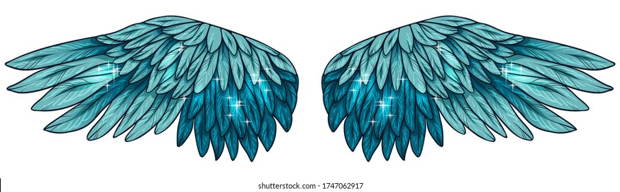 Beautiful magic shiny turquoise angelic wings, vector