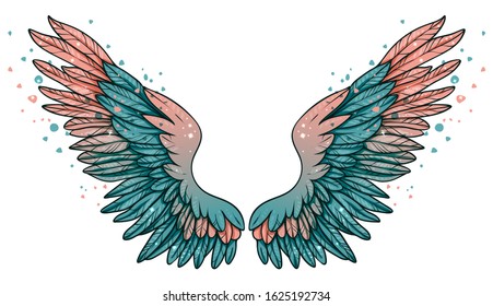 Beautiful magic sparkling turquoise pink wings, hand drawn vector