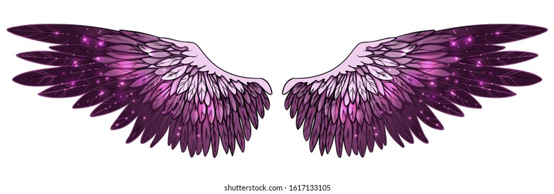 Beautiful magic spreaded glittery purple pink wings, vector