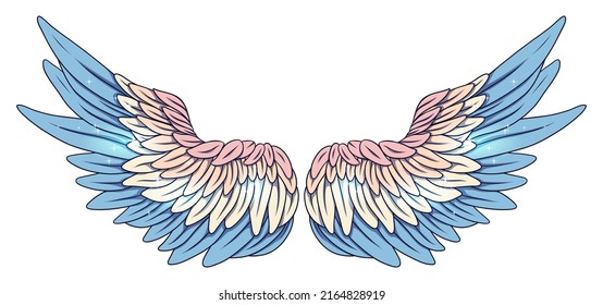 Beautiful magic tender blue pink angel wings, vector illustration