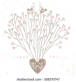 beautiful magic tree of a branch with hearts and cute birds. Vector illustration.