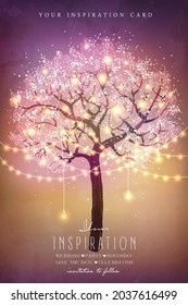 Beautiful magic tree with decorative lights for party. Inspiration card for wedding, date, birthday, tea party. Garden party invitation