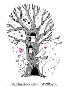 Beautiful magic tree, fox, hare angel and owl. Hand drawing isolated objects on white background. Vector illustration. 