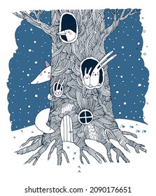 A beautiful magic tree. Fox and hares in hollows. Winter day. Hand drawing isolated objects on white background. Vector illustration.