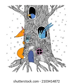 Un bello árbol mágico. Fox y las arcas en huecos. Día del invierno. Dibujar a mano objetos aislados sobre fondo blanco. Ilustración vectorial. 