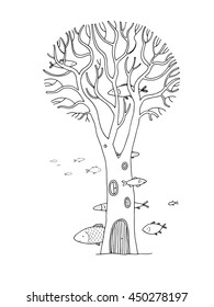 beautiful magic tree and sea fish. Hand drawing isolated objects on white background. Vector illustration. Coloring book