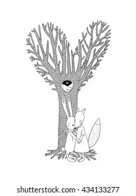 Beautiful magic tree, two birds in a hollow, hare and fox. Hand drawing isolated objects on white background. Vector illustration. 