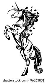 beautiful magic unicorn with long mane and butterflies flying around - black and white outline