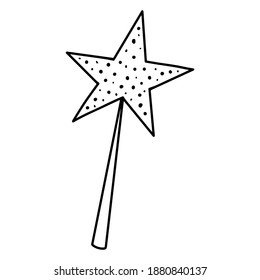 Beautiful magic wand with an asterisk on a white background. Vector black and white illustration of a magic wand decorated with glitter. Isolated object for printing, coloring, postcards.