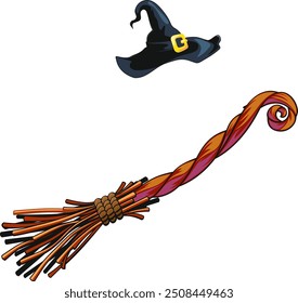 beautiful magical flying witch's broom and classic pointed hat isolated on white background