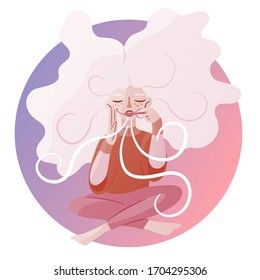 Beautiful magical girl sitting in lotus position and playing on the mouth harp. The state of the flow, trance, while playing the shamanic musical instrument. Vector isolated flat character for blog.