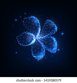 Beautiful magical glowing low polygonal plumeria flower made of lines, dots, triangles surrounded by stars isolated on dark blue background. Futuristic wireframe design vector illustration. 