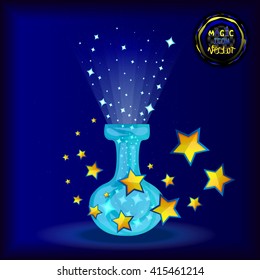 Beautiful, magical icon - translucent flask filled with light, and a flying yellow-blue stars on a blue background. Vector.