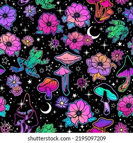 beautiful magical pattern of flowers, mushrooms and frogs