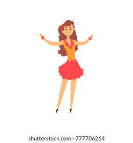 Beautiful magician s assistant with smiling face expression. Cartoon curly-haired woman wearing in colorful dress. Isolated flat vector illustration
