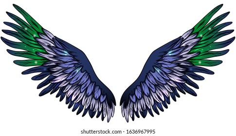 Beautiful magig violet blue green glittery shiny wings, hand drawn vector