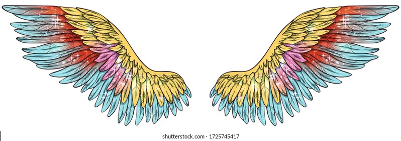 Beautiful magilc glowing glittery shiny bright yellow red blue vector wings