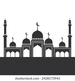 Beautiful Magnificent Mosque Silhouette Design. White Background. A Place to Pray. Holy Place.