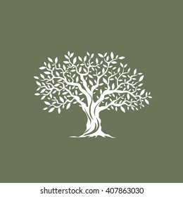 Beautiful magnificent olive tree silhouette on grey background. Modern vector sign. Premium quality illustration logo design concept.