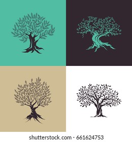 Beautiful magnificent olive tree silhouette isolated on color background. Modern virgin natural plant vector sign. Premium quality illustration organic ecological logo design concept emblem set.