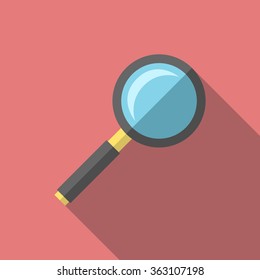 Beautiful magnifying glass on red background with long shadow icon. Search, analysis, science, research concept. EPS 8 vector illustration, no transparency