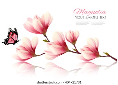 Beautiful magnolia branch with a butterfly. Vector.