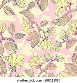 Beautiful magnolia colored flowers - vector seamless pattern