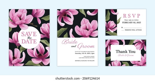 Beautiful Magnolia flower background template. Vector set of floral element for wedding invitations, greeting card, envelope, voucher, brochures and banners design.