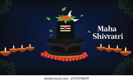 A beautiful Maha Shivratri greeting featuring a Shivling adorned with flowers, diyas, and "Maha Shivratri" text, symbolizing reverence for Lord Shiva