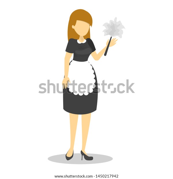 Beautiful maid in black uniform and white apron,\
cleaning service. Woman in the dress vector isolated. Classic\
costume of french\
maid.