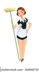 Beautiful maid with mop. vector illustration. Isolated on white background. Transparent objects used for lights and shadows drawing.