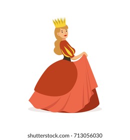Beautiful majestic queen or princess in red dress and gold crown, fairytale or European medieval character colorful vector Illustration
