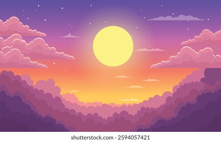 Beautiful Majestic Sky Panoramic with Sun Light and Clouds Landscape at Sunset Sunrise