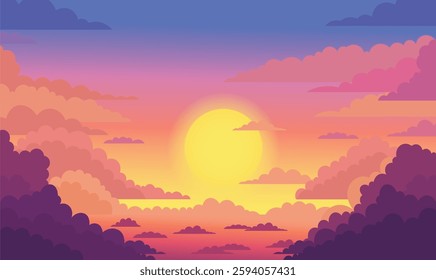 Beautiful Majestic Sky Panoramic with Sun Light and Clouds Landscape at Sunset Sunrise