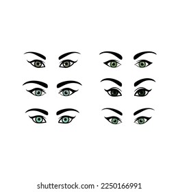 Beautiful make-up green and grey woman eyes collection with black eyebrow isolated on white background for logo design, beauty salon look, cosmetic packaging