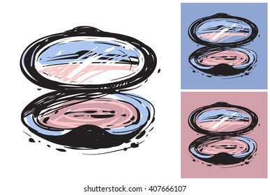 Beautiful makeup powder vector hand drawn fashion sketch. Label with glamour vogue makeup powder. Isolated element on white, pink and blue background. Fashion vector illustration.