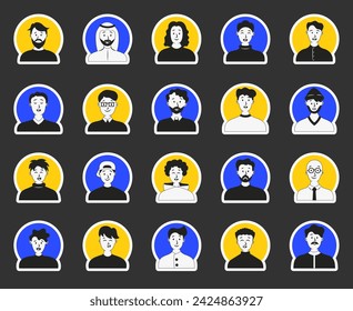 Beautiful male avatars. Sticker Bookmark. Man portrait. User profiles. Hand drawn style. Vector drawing. Collection of design elements.