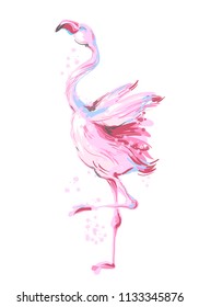 Beautiful male dancing pink flamingo smiling isolated on white background with pink splash for prints, fashion apparel, banners , bilboards