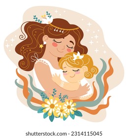 Beautiful mama hugs her little daughter. Vector cartoon illustration in flat style isolated on a white background. For print, design, poster, sticker, card, decoration and t shirt design