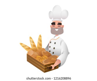 Beautiful man baker standing with a wooden box with cookies. Cartoon character at work. Bakery products and pastries set isolated on white. Bakery shop and baker at bakehouse. 
