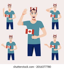 A beautiful man with the Canadian flag. A set of fan emotions. Vector illustration on cartoon style